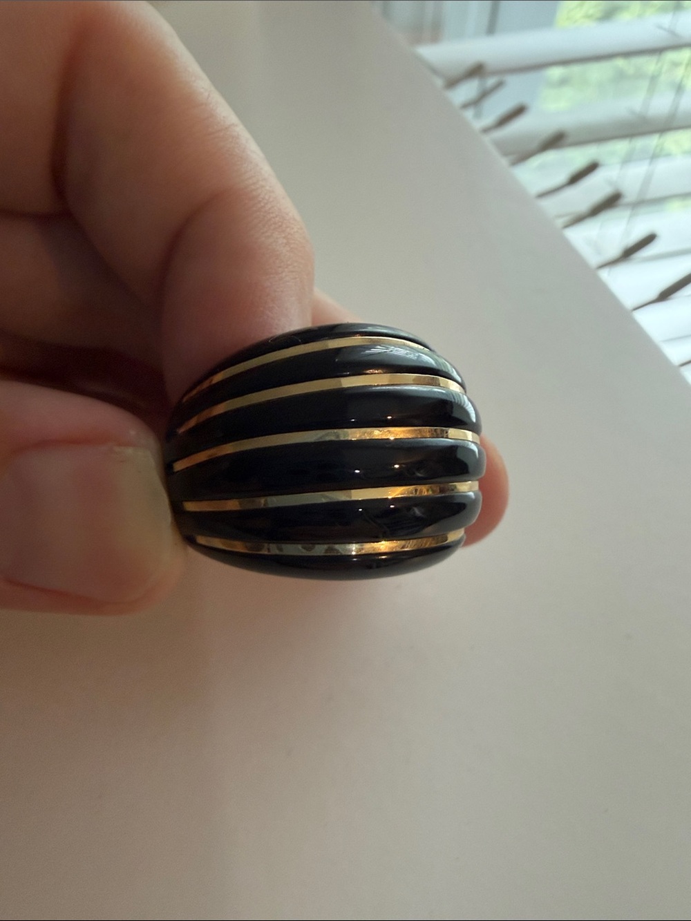 Glossy Black Dome Ring with Gold Stripes - Picture 2 of 4